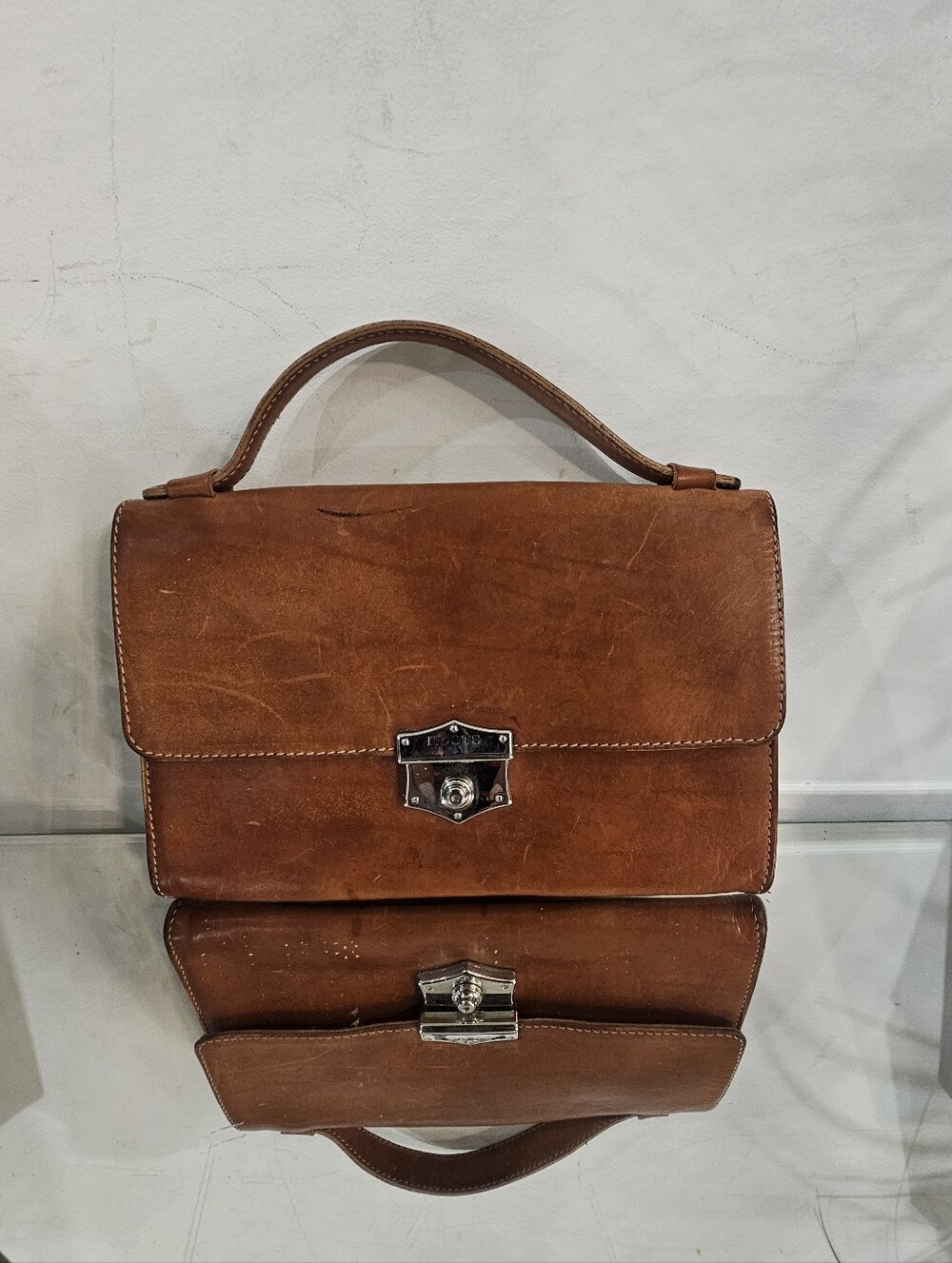 Rare Vintage Roots  Leather Flop Push Lock Top-Handle Bag
